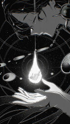  2girls absurdres black_background circlet closed_eyes closed_mouth falling greyscale highres kaalaa_baunaa kumar_(reverse:1999) long_hair mini_person minigirl monochrome multiple_girls profile reverse:1999 star_(sky) starry_sky_background teacher_and_student walluka 