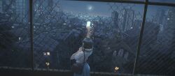  1girl absurdres arm_up bag black_hair black_skirt building chain-link_fence chinese_commentary city_lights cityscape commentary_request cowboy_shot crescent_moon fence from_behind headphones headphones_around_neck highres lantern medium_hair moon night original outdoors revision scenery shann_pierre shirt shirt_tucked_in short_sleeves shoulder_bag skirt skyscraper solo swimsuit taking_picture white_shirt 
