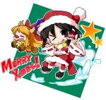  2girls animal_costume black_eyes black_hair brown_eyes byourou hakurei_reimu hat horn_ribbon horns ibuki_suika merry_christmas multiple_girls navel one_eye_closed reindeer_costume ribbon santa_costume santa_hat tears tongue tongue_out touhou v 