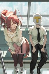  1boy 1girl absurdres animal_ears black_necktie black_pants black_pantyhose black_shoes breasts brown_hair brown_tail closed_eyes collared_shirt commentary_request dantsu_flame_(casual)_(umamusume) dantsu_flame_(umamusume) ear_covers hairband highres horse_ears horse_girl horse_tail jacket jewelry large_breasts looking_at_another medium_hair multicolored_hair necklace necktie open_mouth pants pantyhose pink_hairband pink_skirt shirt shoes short_sleeves sitting skirt smile streaked_hair t-head_trainer_(umamusume) tail train_interior trainer_(umamusume) umamusume white_jacket white_shirt white_shoes white_streaks yin_lan- 