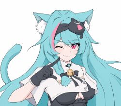  1girl animal_ear_fluff animal_ears aqua_hair black_dress black_gloves cat_ears cat_girl cat_tail closed_mouth commentary cropped_shirt dress gloves long_hair looking_at_viewer mint_(nte) multicolored_hair neverness_to_everness one_eye_closed pink_eyes pink_hair record42 shirt sidelocks smile solo tail two-tone_hair very_long_hair white_shirt 