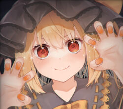  1girl alternate_costume black_background blonde_hair blush bow bowtie claw_pose closed_mouth commentary_request dress flandre_scarlet furawast grey_dress grey_hat hair_between_eyes hands_up hat long_hair looking_at_viewer mob_cap nail_polish orange_nails portrait red_eyes simple_background smile solo sparkle touhou v-shaped_eyebrows yellow_bow yellow_bowtie 