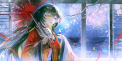  1girl absurdres ao_nhat_binh black_hair commission english_commentary fireworks green_eyes hair_ornament highres holding holding_umbrella lantern leaf_hair_ornament long_hair nmlm_16 original red_ribbon ribbon smile umbrella wide_sleeves window 