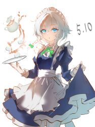  1girl absurdres bow bowtie collared_shirt commentary_request green_bow green_bowtie grey_nails highres holding holding_own_dress holding_plate izayoi_sakuya juliet_sleeves long_hair long_sleeves looking_at_viewer maid maid_day plate puffy_sleeves qing_yu_susurr shirt simple_background solo tea teapot touhou white_background white_shirt 