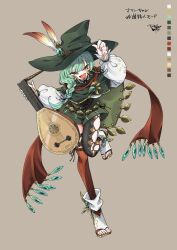 1girl :d asymmetrical_legwear black_ribbon black_thighhighs braid brown_background brown_scarf cape character_profile clothing_cutout color_guide commission feathers full_body gem green_cape green_hair green_hat green_shorts hair_ribbon hand_up hat hat_feather head_tilt high_collar highres holding holding_instrument holding_lute instrument jewelry leg_up long_hair long_sleeves looking_at_viewer lute_(instrument) neck_ribbon open-toe_shoes open_mouth original puffy_long_sleeves puffy_sleeves red_thighhighs ribbon sakuma_gin_maru_sakuma scarf shirt shoes shorts side_braid signature simple_background single_braid skeb_commission smile solo standing standing_on_one_leg striped_clothes striped_thighhighs swept_bangs thigh-highs thigh_cutout toeless_legwear tsurime vertical-striped_clothes vertical-striped_thighhighs white_shirt white_shoes witch_hat yellow_eyes 