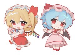  2girls absurdres ascot bat_wings blonde_hair blue_hair capybara_(trafficcone09) character_doll chibi chibi_only closed_mouth collared_shirt commentary crystal crystal_wings doll fang fang_out flandre_scarlet full_body fumo_(doll) hat hat_ribbon highres looking_at_viewer mob_cap multicolored_wings multiple_girls one_side_up pink_hat pink_shirt pink_skirt pink_wrist_cuffs pointy_ears red_ascot red_eyes red_skirt red_vest remilia_scarlet ribbon shirt siblings simple_background sisters skin_fang skirt skirt_set touhou vest white_background white_hat white_shirt wings wrist_cuffs 