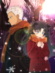  1boy 1girl absurdres archer_(fate) black_ribbon blue_eyes blue_sweater brown_coat brown_hair coat commentary_request dark-skinned_male dark_skin fate/stay_night fate_(series) grey_eyes hair_ribbon highres long_hair marimohu_starry orange_scarf red_coat ribbon scarf snowflakes sweater tohsaka_rin tree white_hair 