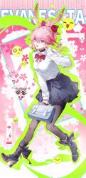  1girl absurdres animal_ears animalization black_pantyhose blue_eyes blue_skirt boots bow bowtie character_name cherry_blossoms chinese_commentary choker collared_shirt commentary crying_emoji emoji evanescia_(honkai:_star_rail) flower fox_ears full_body green_outline hair_between_eyes hair_bow hair_flower hair_intakes hair_ornament high_heel_boots high_heels highres honkai:_star_rail honkai_(series) lace-up_boots light_blush long_sleeves looking_at_viewer open_mouth outline pantyhose pink_hair pleading_face_emoji purple_choker red_bow red_bowtie richang_huanxiang_monu_cha school_uniform shirt shirt_tucked_in skirt teeth trailblazer_(baseball_raccoon)_(honkai:_star_rail) trailblazer_(honkai:_star_rail) upper_teeth_only white_shirt 