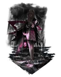  1girl arknights black_jacket deersightings gun head_wings highres holding holding_gun holding_weapon irene_(arknights) jacket lantern long_hair long_sleeves looking_at_viewer pantyhose pink_ribbon pink_skirt puffy_long_sleeves puffy_sleeves rain ribbon skirt solo storm very_long_hair walking weapon white_eyes white_hair white_pantyhose wings 