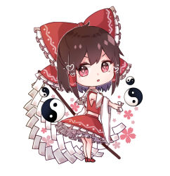  1girl between_fingers bow brown_hair chibi chibi_only commentary_request detached_sleeves frilled_bow frilled_skirt frills full_body furawast gohei hair_bow hair_tubes hakurei_reimu heart holding holding_gohei holding_ofuda long_hair ofuda ofuda_between_fingers orb petals pink_eyes red_bow red_shoes red_skirt shoes simple_background skirt skirt_set solo touhou white_background yin_yang yin_yang_orb 