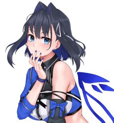  1girl asymmetrical_sleeves black_hair blue_eyes blue_hair blue_nails blue_shirt bow bow_earrings breasts center_frills closed_mouth collared_shirt colored_inner_hair commentary cropped_shirt detached_sleeves earrings english_commentary fanged_bangs frills hair_intakes hair_ribbon hand_up highres hololive hololive_english hololive_idol_uniform_(color_rise) jewelry large_breasts looking_at_viewer medium_hair mismatched_sleeves multicolored_hair multicolored_shirt nail_polish official_alternate_costume ouro_kronii ranox ribbon shirt simple_background single_detached_sleeve single_sleeve smile solo upper_body virtual_youtuber white_background 