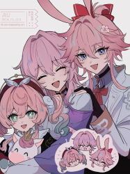  3girls animal_ears animal_hug aqua_eyes aqua_hair black_gloves ca_ru_cca commentary evanescia_(honkai:_star_rail) flower fox_ears fox_girl gloves hair_flower hair_ornament hat highres honkai:_star_rail honkai_(series) hyacine_(honkai:_star_rail) little_ica_(honkai:_star_rail) looking_at_viewer march_7th_(honkai:_star_rail) march_7th_(preservation)_(honkai:_star_rail) medium_hair multicolored_hair multiple_girls partially_fingerless_gloves pegasus pink_hair red_hat shirt short_hair_with_long_locks smile twintails two-tone_hair untranslatable_commentary white_shirt 