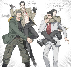  3boys black_hair cargo_pants carrying carrying_person coat commentary eyepatch facial_hair gloves goatee green_coat highres irezumi jacket kiryu_kazuma leather leather_gloves leg_lock majima_goro male_focus multiple_boys one-eyed pants rrrr0000_0 ryuu_ga_gotoku_(series) ryuu_ga_gotoku_5 saejima_taiga short_sword shoulder_carry snake_print snakeskin sword tantou tattoo untranslatable_commentary weapon winter_clothes winter_coat yakuza 