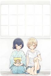  2girls aqua_kimono bare_legs barefoot black_hair blonde_hair blush closed_eyes collarbone commentary_request denim denim_shorts earphones idolmaster idolmaster_shiny_colors japanese_clothes kimono miyama_okara morino_rinze multiple_girls obi saijo_juri sash seiza shared_earphones shirt short_hair shorts sitting smile soles t-shirt white_shirt 