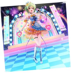  1girl :d aerial_fireworks alternate_costume artist_request belt blue_dress boots bow bowtie checkered_floor detached_sleeves disembodied_linked_eye dress dress_bow eyeball fireworks frilled_dress frills full_body game_asset gloves green_eyes green_hair hair_between_eyes hat hat_bow heart heart_of_string holding holding_microphone idol idol_clothes knee_boots komeiji_koishi looking_at_viewer microphone non-web_source official_art open_mouth orange_bow orange_bowtie self-datamine short_hair simple_background sleeve_bow sleeveless sleeveless_dress smile solo stage star_(symbol) thigh_belt thigh_strap top_hat touhou touhou_arcadia_record transparent_background white_belt white_boots white_gloves white_hat yellow_bow 