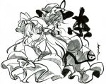  2girls absurdres back-to-back bow gokuu_(acoloredpencil) grin hat hat_bow hat_ribbon highres long_hair looking_at_viewer maribel_hearn marker_(medium) multiple_girls one_eye_closed red_eyes ribbon simple_background smile spot_color touhou traditional_media white_background wide_sleeves yakumo_yukari 