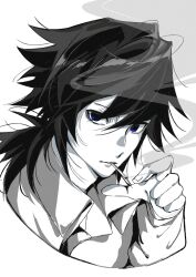  1boy blue_eyes cigarette collared_shirt cropped_shoulders fingernails greyscale hair_between_eyes hand_up kimetsu_no_yaiba long_hair long_sleeves looking_at_viewer low_ponytail male_focus monochrome ponytail puffy_long_sleeves puffy_sleeves shirt smoking solo spiky_hair spot_color su910noko tomioka_giyuu upper_body white_background 