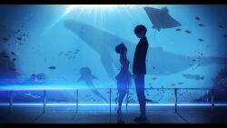  1boy 1girl aquarium breasts commander_(nikke) fish full_body goddess_of_victory:_nikke high_heels highres holding_hands leotard liberalio_(nikke) light_rays looking_at_another profile short_hair_with_long_locks skirt small_breasts standing stingray sunbeam sunlight uzzy2801 whale 
