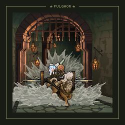  1girl 2boys :d armor border centaur character_name chariot cobblestone company_connection crossover dark_souls_(series) dark_souls_ii dress dungeon elden_ring elden_ring_nightreign executioner's_chariot executor_(elden_ring) flower_wreath fulghor_(elden_ring) grate head_wreath helm helmet kingyohashioki lantern multiple_boys pixel_art plume revenant_(elden_ring) samurai scale_armor smile taur veil white_dress 