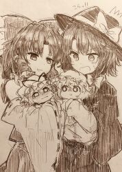  4girls absurdres blush bow capelet cheek_pinching chibi collar commentary_request cowboy_shot detached_sleeves efukei graphite_(medium) greyscale hair_bow hair_tubes hakurei_reimu hat hat_bow highres holding long_hair long_sleeves maribel_hearn mini_person minigirl mob_cap monochrome multiple_girls open_mouth pinching shirt shirt_tucked_in short_hair skirt sleeve_cuffs surprised tears touhou traditional_media usami_renko yakumo_yukari 