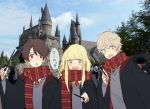  1girl aldnoah.zero asseylum_vers_allusia blonde_hair blush brown_eyes brown_hair cloak cosplay green_eyes harry_potter kaizuka_inaho kurusu_awa long_hair open_mouth platinum_blonde short_hair slaine_troyard smile wand 