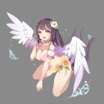  1girl aurora_rokudo blush breasts brown_hair bubble cleavage flower hair_flower hair_ornament highres long_hair open_mouth smile solo wings yellow_eyes 