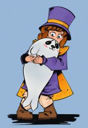  1girl :3 a_hat_in_time animal aqua_eyes black_eyes blue_background blush boots brown_boots brown_hair brown_pants cape carrying child closed_mouth fujimna hat hat_kid hat_ribbon highres holding holding_animal hug_carry jacket long_sleeves looking_down medium_hair pants ponytail purple_hat purple_jacket ribbon seal_(animal) shadow sidelocks solo top_hat yellow_cape yellow_ribbon 