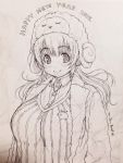  1girl 2015 blush breasts happy_new_year headphones huge_breasts looking_at_viewer monochrome new_year nitroplus plump smile solo super_pochaco translated tsuji_santa twintails 