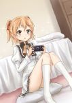  1girl asakurashinji bed ore_ga_ojou-sama_gakkou_ni_&quot;shomin_sample&quot;_toshite_rachirareta_ken pillow playing_games playstation_portable sailor_dress school_uniform short_hair sitting socks solo sparkle tenkuubashi_aika two_side_up 