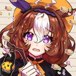  1girl @_@ absurdres ahoge animal_ears black_dress blush brown_hair candy double-parted_bangs dress ear_covers food gloves hair_between_eyes hairband halloween_costume hat highres horse_ears horse_girl lantern lollipop long_sleeves meisho_doto_(dot-o'-lantern)_(umamusume) meisho_doto_(umamusume) multicolored_hair nenden_(user_ujdp8383) official_alternate_costume open_mouth orange_hat orange_ribbon pumpkin_hat ribbon single_ear_cover solo two-tone_hair umamusume violet_eyes white_gloves white_hair 