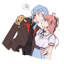  2girls ahoge black_shirt blue_hair blue_skirt brown_jacket closed_mouth eye_contact highres hololive hoshimachi_suisei jacket long_hair looking_at_another multiple_girls pink_hair sakgi sakura_miko shirt simple_background skirt speech_bubble thought_bubble tongue tongue_out virtual_youtuber white_background white_shirt wolf_cut yuri 