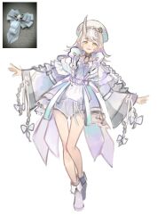  1girl bare_legs belt belt_buckle beret blunt_bangs boots bow bow_choker buckle cape choker coat crossed_legs fangs flipped_hair flower fold-over_boots full_body fur-trimmed_collar fur_trim hair_bow happy hat hat_flower high-waist_belt highres horns knees_together_feet_apart layered_clothes long_sleeves looking_at_viewer open_clothes open_coat open_mouth original outstretched_arms photo_inset pointy_ears quad_braids reference_inset shirt short_shorts shorts single_horn skin-covered_horns smile solo standing sweater_guard teeth toga_(toganawa) unfinished upper_teeth_only watson_cross white_belt white_boots white_bow white_coat white_hair white_hat white_shirt white_shorts white_theme wide_sleeves yellow_eyes 