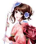  1girl :d arrow brown_eyes brown_hair hair_ornament highres holding japanese_clothes kimono looking_at_viewer open_mouth original smile solo tk8d32 