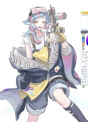  1girl :d animal_ears arknights art_program_in_frame bird_ears bird_girl black_hat black_jacket black_socks blue_hair blue_shorts feet_out_of_frame gloves hand_up hat hat_ornament highres holding jacket looking_at_viewer multicolored_hair nininikal off_shoulder open_clothes open_jacket open_mouth overalls paint_gun paint_splatter paint_splatter_on_face pink_streaks shirt shorts simple_background smile socks solo streaked_hair teeth tippi_(arknights) torn_clothes torn_socks upper_teeth_only white_background white_shirt yellow_gloves yellow_overalls 