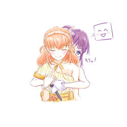  2girls :d ^_^ cerise_bouquet closed_eyes closed_mouth commentary dress facing_viewer gloves green_eyes hairband hinoshita_kaho holding holding_microphone hug hug_from_behind long_hair love_live! love_live!_hasu_no_sora_jogakuin_school_idol_club medium_hair microphone multiple_girls obi open_mouth orange_hair orange_sash otomune_kozue purple_hair saboten_(sabo10_c) sash side_ponytail sidelocks simple_background single-shoulder_dress smile speech_bubble suisai_sekai thought_bubble two_side_up untranslatable_commentary virtual_youtuber white_background white_dress white_gloves white_hairband yuri zanyo_(love_live!) 