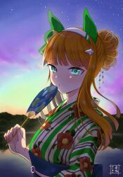  1girl :o animal_ears clouds commentary_request ear_covers ear_ornament floral_print green_eyes green_kimono hair_bun hair_ornament hand_fan highres hill holding holding_fan horse_ears horse_girl japanese_clothes kimono kousaka_saki_(artist) lake looking_at_viewer obi orange_hair outdoors sash silence_suzuka_(umamusume) solo star_(sky) umamusume upper_body watermark 