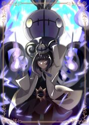  1girl a00_0527 arm_up belt belt_buckle black_dress black_hair black_pantyhose blunt_bangs bob_cut buckle chandelure closed_mouth coat commentary_request dress fire gloves gradient_hair gwynn_(pokemon) hat highres long_sleeves looking_at_viewer mega_chandelure multicolored_hair o-ring o-ring_belt open_clothes open_coat pantyhose partially_fingerless_gloves pokemon pokemon_(creature) pokemon_legends:_z-a purple_fire purple_gloves purple_hair short_hair solo violet_eyes white_coat 