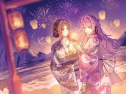 2girls absurdres aerial_fireworks alternate_costume bang_dream! bang_dream!_it's_mygo!!!!! blue_eyes blurry blurry_foreground brown_hair chao_jian_dai_xinshi chihaya_anon chinese_commentary closed_mouth commentary_request commission fireworks floral_print floral_print_kimono flower grey_eyes hair_flower hair_ornament highres holding holding_fireworks japanese_clothes kimono lantern long_hair long_sleeves looking_at_viewer multiple_girls nagasaki_soyo night ocean open_mouth outdoors paper_lantern pink_hair print_kimono second-party_source sky smile sunflower sunflower_hair_ornament sunflower_print torii white_flower white_kimono yukata 
