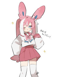  1girl animal_ears blue_eyes bow choker closed_mouth clothes_lift collared_shirt commentary_request hair_bow hair_ornament highres long_sleeves multicolored_hair one_eye_closed personification pink_hair pink_skirt pokemon ponytail ribbon school_uniform shirt shirt_lift sidelocks skirt solo sparkle standing sylveon tail thigh-highs torank_cdk two-tone_hair white_choker white_hair white_shirt 