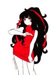  1girl azami_(kagerou_project) black_hair chiyozaka cleavage_cutout kagerou_project long_hair medusa open-chest_sweater red_eyes ribbed_sweater ribbon scales sweater turtleneck very_long_hair 