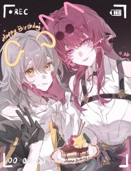  2girls animal_ears bare_shoulders belt black-framed_eyewear black_belt black_choker black_gloves black_jacket black_shorts breasts brown_background cake cake_slice cat_ears chest_belt choker cleavage_cutout closed_mouth clothing_cutout collarbone collared_shirt commentary dated dog_ears eating english_text eyelashes eyewear_on_head facial_mark fake_animal_ears food food_on_face fork gloves grey_hair hair_between_eyes hand_up hands_up happy_birthday high-waist_shorts highres holding holding_fork holding_plate honkai:_star_rail honkai_(series) jacket kafka_(honkai:_star_rail) large_breasts long_hair long_sleeves looking_at_viewer low_ponytail multiple_girls off-shoulder_shirt off_shoulder open_clothes open_jacket pink_lips pink_pupils plate ponytail puffy_long_sleeves puffy_sleeves purple_gloves purple_hair round_eyewear shirt shorts sidelocks smile sparkle spider_web_print star_(symbol) stelle_(honkai:_star_rail) sunglasses t-shirt teeth tongue tongue_out trailblazer_(honkai:_star_rail) upper_body viewfinder violet_eyes w whisker_markings white_shirt yellow_eyes yunzhongxing yuri 