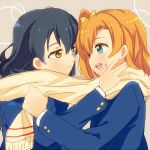  2girls blue_eyes blue_hair bow eye_contact hair_bow kousaka_honoka looking_at_another love_live!_school_idol_project multiple_girls nagiriku912 orange_hair scarf shared_scarf side_ponytail sonoda_umi tagme yellow_eyes 