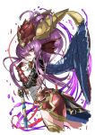  1girl armor dragon_girl dragon_horns dragon_tail dragon_wings hair_over_one_eye hand_to_own_mouth head_fins horns kei_(keiclear) leotard long_hair purple_hair puzzle_&amp;_dragons red_eyes scales simple_background solo sonia_(p&amp;d) tail thigh-highs vambraces white_background wings 
