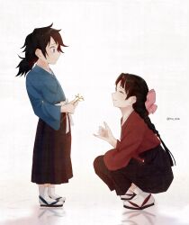  1boy 1girl aqua_kimono black_hair black_hakama braid branch child closed_eyes closed_mouth full_body hakama highres holding holding_branch japanese_clothes kimetsu_no_yaiba kimono long_hair low_ponytail mu_ooa ponytail profile red_kimono reflective_floor sandals simple_background single_braid smile socks spiky_hair squatting standing tomioka_giyuu tomioka_tsutako twitter_username white_background white_socks 