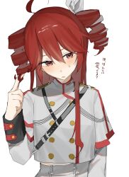  1girl ahoge arm_at_side belt black_belt blush bow buttons commentary_request dot_nose double-breasted drill_hair grey_jacket hair_between_eyes hair_bow hand_up head_tilt highres jacket kasane_teto kasane_teto_(sv) long_hair long_sleeves looking_at_viewer midriff_peek musical_staff musical_staff_print nikodayo nose_blush red_eyes red_hair red_trim shoulder_belt shoulder_boards sidelocks simple_background sleeve_cuffs solo sweatdrop synthesizer_v translation_request twin_drills twirling_hair two_side_up upper_body utau white_background white_bow 