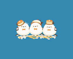  animal animal_focus artist_name bird blue_background bow bowtie branch commentary_request food food-themed_hat icing long-tailed_tit looking_at_viewer no_humans orange_bow orange_bowtie original pancake pancake_stack rizu_(rizunm) simple_background tit_(bird) 