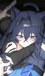  2girls absurdres animal_ears barefoot black_dress black_pants blue_eyes blue_hair blue_necktie blue_shirt braid cat_ears cat_tail closed_mouth commentary double-parted_bangs dress english_commentary girl_on_top hair_between_eyes hair_intakes heart heart-shaped_pupils highres holding_another's_hair hololive hololive_english hunk_404 long_hair long_sleeves looking_at_viewer low_twin_braids lying messy_hair multiple_girls necktie official_alternate_costume official_alternate_hairstyle on_stomach ouro_kronii ouro_kronii_(4th_costume) ouro_kronii_(maid) pants pleated_dress pov selfcest shirt shirt_tucked_in smile symbol-shaped_pupils tail twin_braids virtual_youtuber yuri 