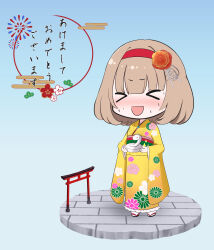  >_< 1girl :d absurdres animal blue_background blunt_bangs blush brown_hair chibi chibi_only chinese_zodiac commentary_request facing_viewer floral_print floral_print_kimono flower frilled_kimono frills full_body furisode hair_between_eyes hair_flower hair_ornament hairband happy_new_year heaven_burns_red highres holding holding_animal holding_snake japanese_clothes kanzashi kimono medium_hair mochinemono nengajou new_year nose_blush official_alternate_costume ooshima_muua ooshima_muua_(early_spring_headwind) orange_flower print_kimono red_hairband sandals simple_background smile snake solo sparkle sweatdrop xd year_of_the_snake yellow_kimono zouri 