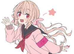  >_< 1girl :d armband black_sailor_collar blonde_hair blush commentary fang hair_ornament hand_up highres long_hair long_sleeves looking_at_viewer low_twintails nail_polish natori_sana neckerchief nobu-k open_mouth pink_sweater rabbit_hair_ornament red_armband red_eyes red_nails red_neckerchief sailor_collar sana_channel school_uniform serafuku simple_background skin_fang smile solo star_(symbol) sweater twintails untranslatable_commentary upper_body virtual_youtuber white_background 