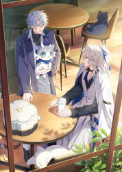  2boys animalization black_cat black_shirt blue_coat blue_eyes cafe cake_cat_(honkai:_star_rail) cat chair chimera_(honkai:_star_rail) coat commentary creature cup disposable_coffee_cup disposable_cup from_outside grey_pants hair_ribbon hand_on_table highres holding holding_creature honkai:_star_rail honkai_(series) jacket jacket_on_shoulders jewelry jiman jing_yuan jing_yuan_(dozing_meow) long_hair long_sleeves looking_at_viewer male_focus multiple_boys mydei_(fig_stew)_(honkai:_star_rail) mydei_(honkai:_star_rail) necklace open_clothes open_coat open_shirt pants parted_lips person_and_animalization phainon_(honkai:_star_rail) phainon_(luckin_coffee)_(honkai:_star_rail) phainon_(vigethos)_(honkai:_star_rail) plant ponytail ribbon shirt short_hair sitting standing table talking untranslatable_commentary vest white_cat white_hair white_jacket white_pants white_shirt white_vest window wooden_floor wooden_table 